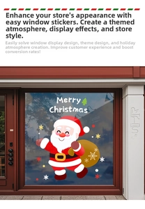 Detail of Santa Claus window sticker with Merry Christmas text and white snowflakes
