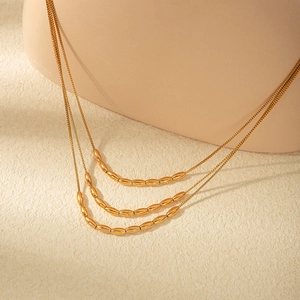 Three-layer gold titanium steel snake chain necklace with floral wheat tassel and crystals