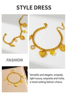 Detailed close-up of gold-plated stainless steel bracelet with diverse charms and lobster clasp