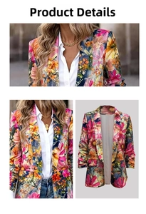 Detail of floral blazer with pink and yellow flowers featuring flap pockets and lapel