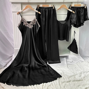 Ensemble pyjama 5 pièces en satin noir pour femme avec dentelle et sac de rangement