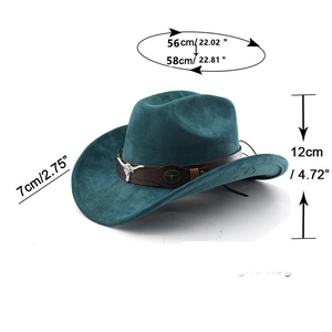 Detail view of teal western felt hat with size specifications and bull head leather band