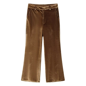 Women's brown velvet high waist flare pants with a smooth glossy finish on white background