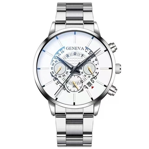 Close-up of silver Geneva chronograph watch with white dial and three sub-dials