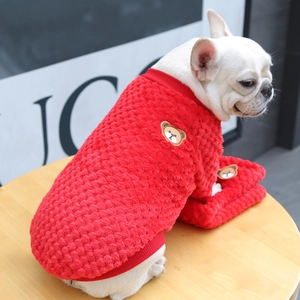 Dettaglio del maglione in pile rosso per cani con toppa a forma di orso su Bulldog Francese
