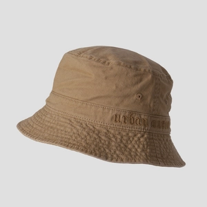 Detail of khaki cotton bucket hat featuring urban aura embroidery and reinforced brim stitching
