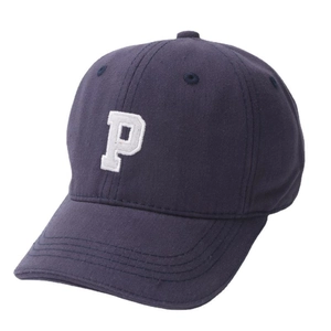 Dark blue kids baseball cap with white embroidered letter P in a minimalist casual style