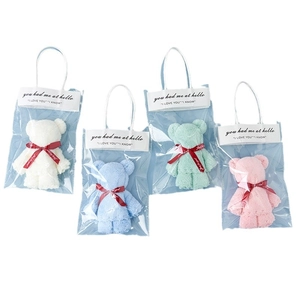 Cute coral fleece bear towels with ribbons in gift bags, set of 4 colors for wedding favors