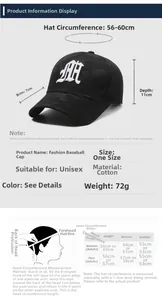 Size guide for camouflage baseball cap with adjustable strap and detailed head measurements