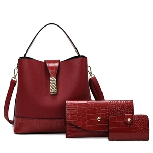 Deep red 3-piece handbag set featuring tote bag with lychee and crocodile texture