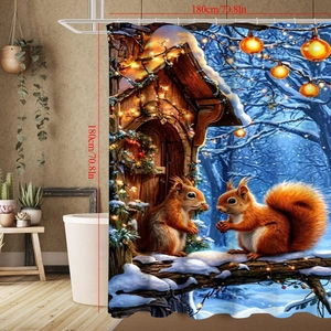 Duschvorhang mit Winterhütten-Motiv und Eichhörnchen Illustration in 180cm mal 180cm