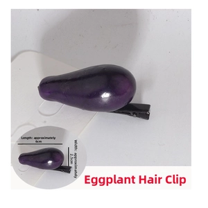 Detailed view of creative purple eggplant hair clip with 6cm x 2.5cm size dimensions