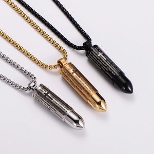 Men's stainless steel bullet pendant necklaces with cross and scripture in gold, silver, black