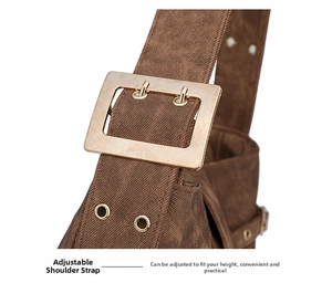 Detail of adjustable shoulder strap with gold buckle on vintage brown tote bag