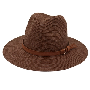 Straw Fedora Hat Woven Panama Sun Hat With Faux Leather Band Tassel Wide Brim Summer Beach Travel For Women Men