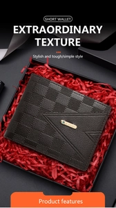 Short brown men's wallet with checkerboard pattern in a premium red gift box