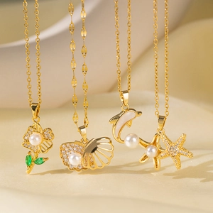 Collier Pendentif Künstliche Perle Thème Océan Acier Titane Avec Zircon Dauphin Étoile De Mer Coquillage Bijoux Femmes