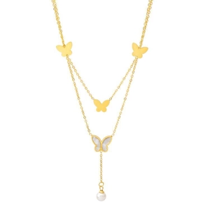 Double-layered gold necklace featuring butterfly pendants with shell inlay and pearl drop