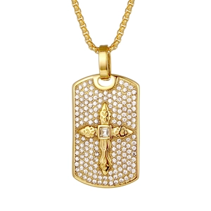 Collana con ciondolo a croce piastrina militare dorata in acciaio inox con zirconi