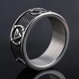 Bague maçonnique vintage en acier inoxydable avec motifs géométriques noirs en relief et signes