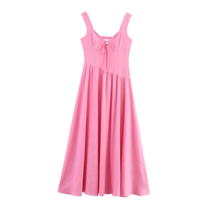 Pink Sling Maxi Dress Polyester V Neck Bow Irregular Hem High Waist Backless Hollow Out Elegant Summer Vacation Women