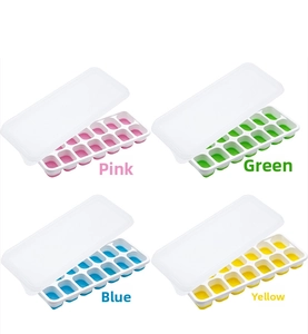 Detail showing 14-grid silicone ice cube trays with lids in four different colors