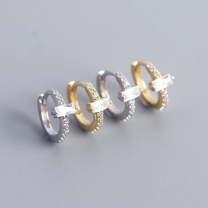 925 Sterling Silver Huggie Hoop Earrings With Rectangular Zircon Inlay Minimalist Geometric Style Jewelry For Women