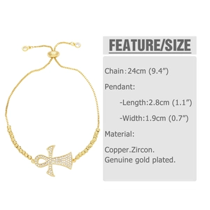 Detailed view of gold Ankh cross bracelet with cubic zirconia and size specifications