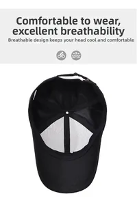 Detail view of black baseball cap with breathable mesh and adjustable metal buckle strap