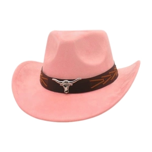 Pink faux suede cowboy hat featuring dark brown leather band and silver bull head emblem