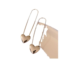 Elegant gold drop earrings with vertical long hook and 3D polished heart pendant