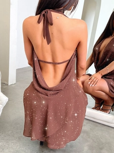 Elegant brown sequined halter backless mini dress shown on a model with mirror reflection