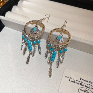 Detail of silver bohemian earrings with turquoise beads and feather tassel pendants