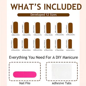 Guide de tailles pour ongles press-on français avec douze faux ongles marron et kit DIY