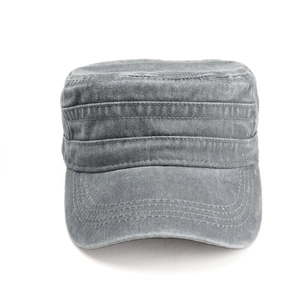 Detail of dark grey washed cotton cadet hat with triple-line decorative stitching