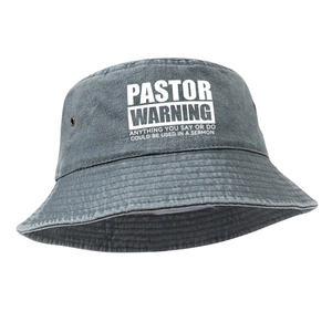 Washed dark gray fisherman hat with Pastor Warning print and metal eyelets on white background