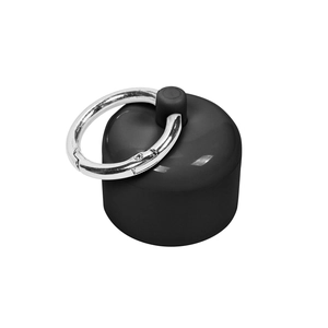 Detail of matte black jewelry container with a silver metal carabiner keychain clip