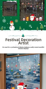 Detail view of festive Christmas window clings with Santa and Reindeer designs