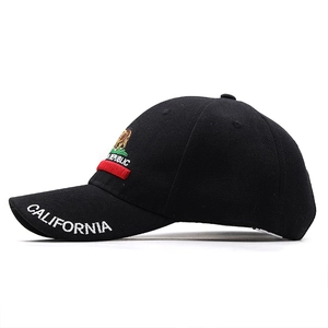 Detail of black cotton baseball cap with California Republic bear and 3D embroidery