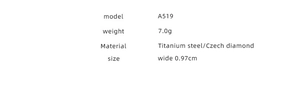 Specifications of titanium steel ring with Czech diamonds, model A519, width 0.97cm