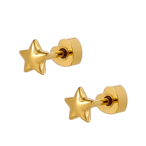 Golden starfish stud earrings with heart-shaped backings on a white background
