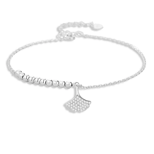 Elegant S925 sterling silver ginkgo leaf bracelet with white zircon pavé and polished beads