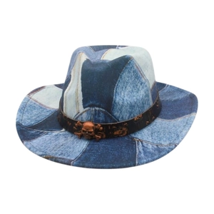 Vintage denim print cowboy hat with wide brim and bronze skull leather band ornament