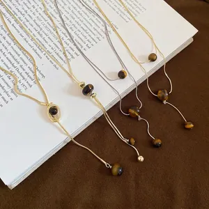 Maillard style tiger eye pendant necklaces in gold and silver finish with adjustable chains