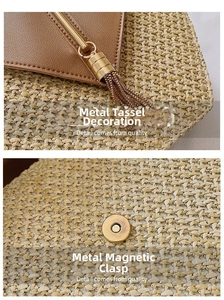 Detail of golden metal tassel and magnetic snap closure on a woven straw shoulder bag