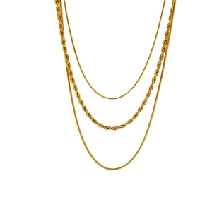 Three-layer gold titanium steel necklace featuring a twisted rope chain and snake chains