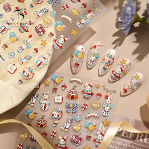 3D Embossed Nail Art Stickers Relief Circus Theme Rabbit Tent Balloon Vintage Cute Fairytale Decals For Women