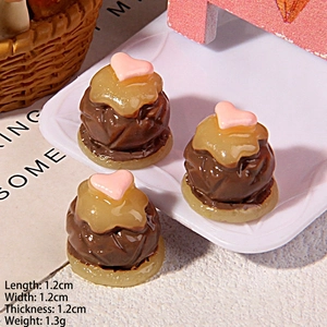 Three miniature resin chocolate cakes with heart topping, 1.2cm scale for DIY crafts