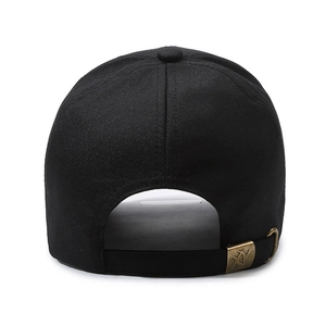 Rear view of black cotton baseball cap with adjustable metal buckle and neat stitching
