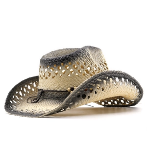 Western straw cowboy hat with gradient finish and breathable hollow crown design